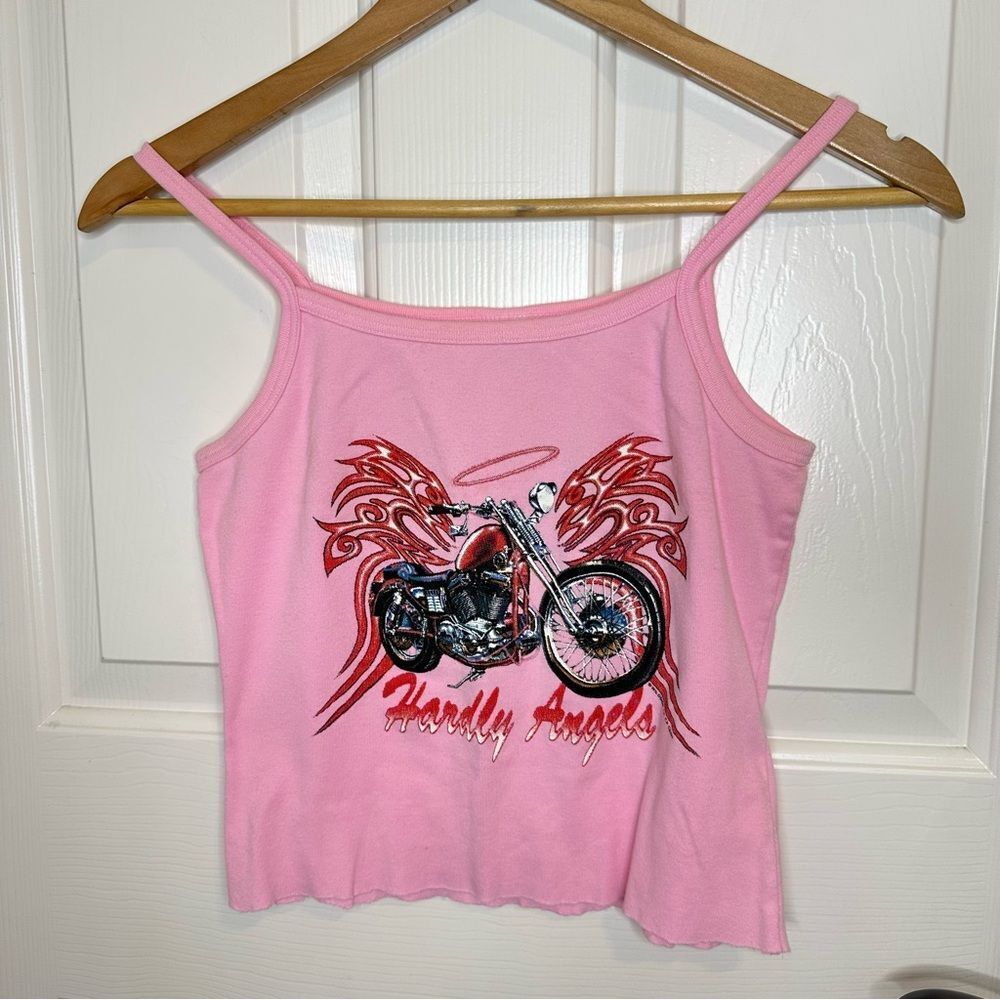 Y2K Dream Station Baby Pink Red “Hardly Angels” Motorcycle Biker Cami Top Sz M